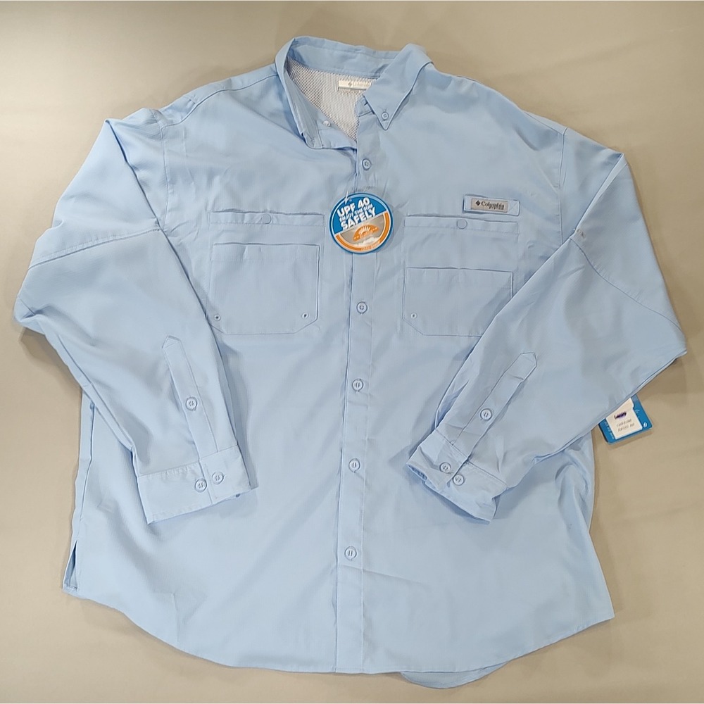 Columbia PFG Distant Water Mens Light Blue Long Sleeve Fishing Shirt XXL XM7160